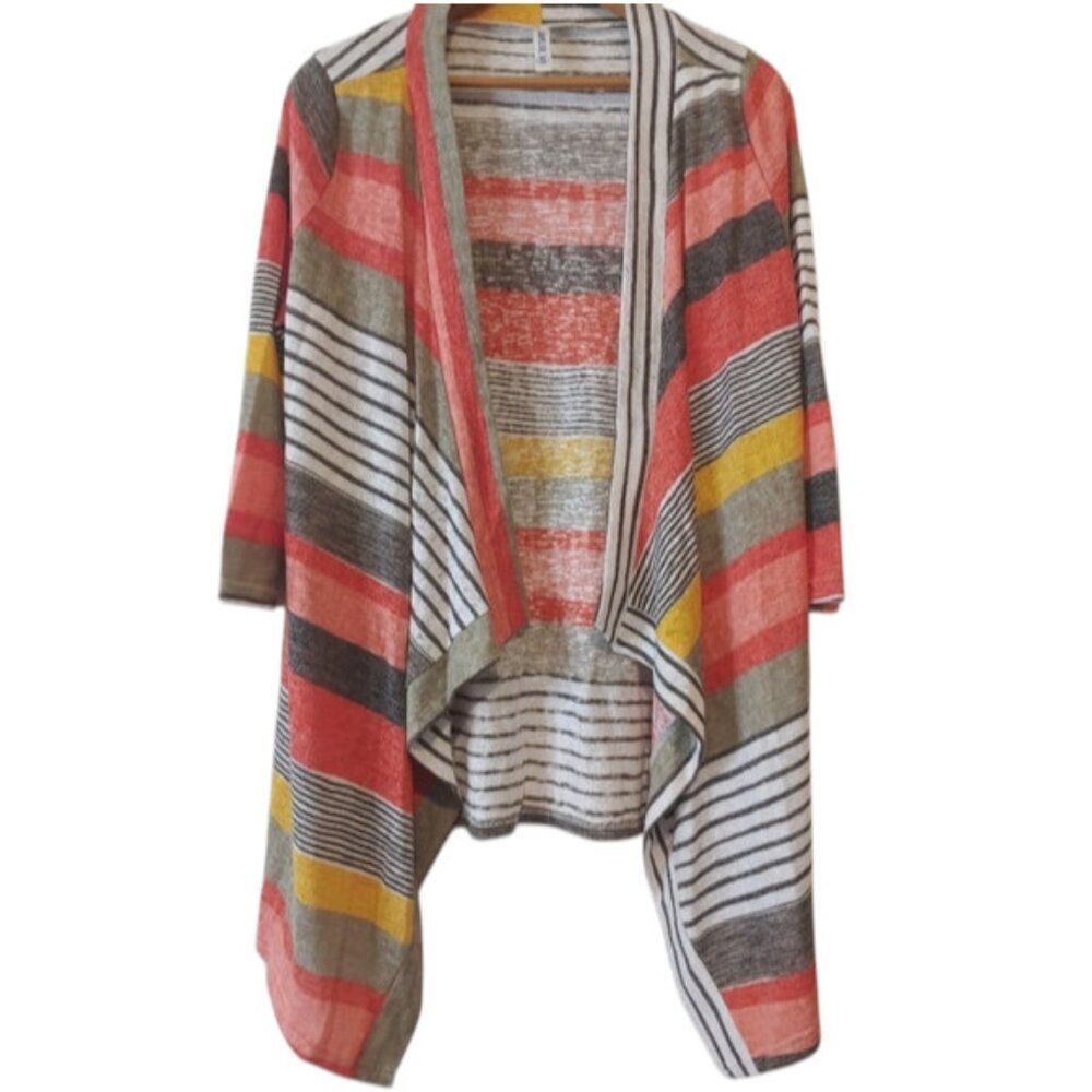 Dearcase Cardigan 3/4 Sleeve Open Waterfall Front Striped Size Small